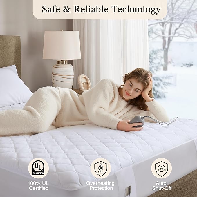 Beautyrest Cotton Blend Heated Mattress Pad Secure Comfort Technology - Luxury Quilted Electric Mattress Pad with Deep Pocket - 5-Setting Heat Controllers, Cal King, White
