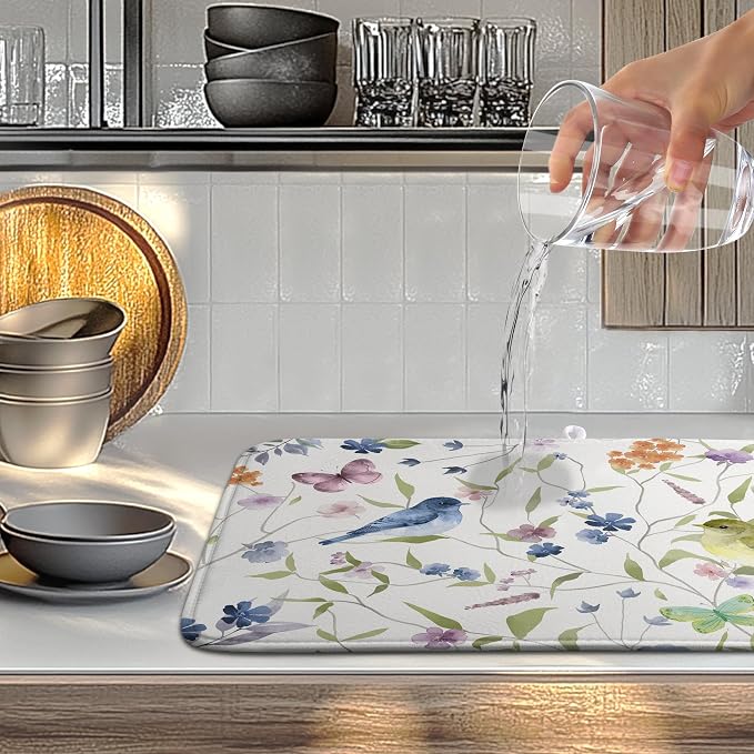 Spring Floral Birds Dish Drying Mats Spring Summer Dish Mat Green Leaf - Image 5