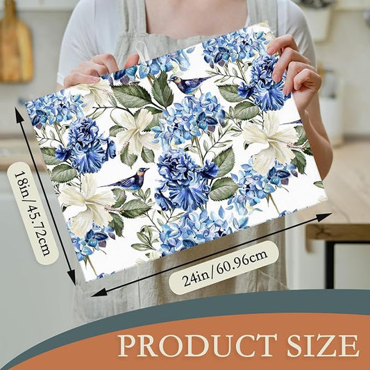 Blue Hydrangea Flowers Dish Drying Mat, Bird Drying Rack Pad Countertop Dishes - Image 2