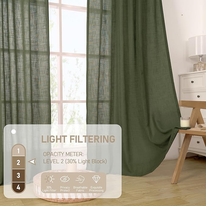LAMIT Olive Green Linen Kitchen Curtains 24 Inch Length, Semi Sheer Light Filtering Window Panels Back Tab and Rod Pocket Drapes for Basement/Small Windows, 25 x 24 Inch, 2 Panels