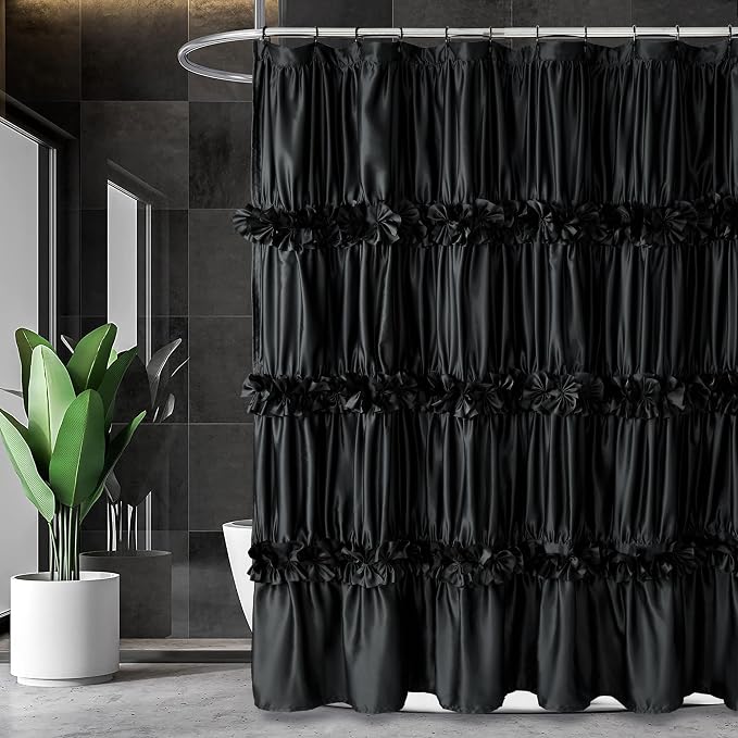 Black Ruffle Shower Curtain, Vintage Handcrafted Bow Tie Bath Curtain by Homechoice+Decor