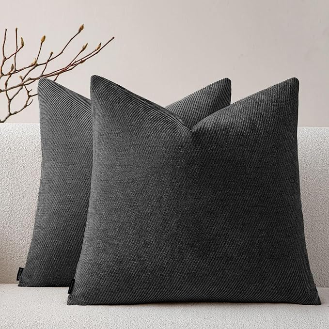 a moment Pack of 2 Decorative Chenille Throw Pillow Covers with Twill Cushion Covers for Sofa Living Room Couch Bed 20x20 Inch Black