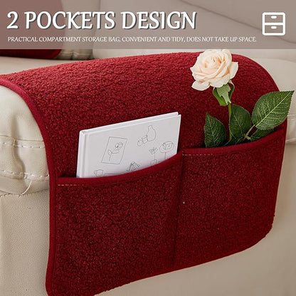 Armrest Cover, Recliner Chair Protector, Furniture Protector Slip, Side Storage Pocket, Stretch Armchair Couch Arm Rest Cover for Recliner, Chair, Sofa (Wine Red,3 Seater(5pcs))