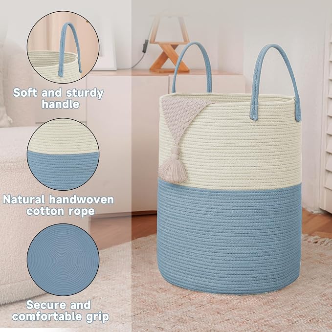 Large Woven Laundry Basket Hamper, 100L Cotton Rope Storage Bin - Image 6