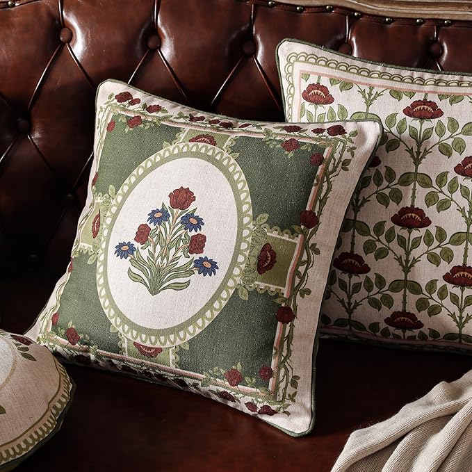 ISAENNE Design Linen Square Throw Pillow Covers 18"x18" Pack of 2, Yellow Green French Cushion Covers with Red Rose Floral Pattern Decoration Pillowcases for Bed, Living Room, Outdoor, Car