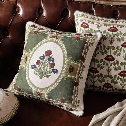 ISAENNE Design Linen Square Throw Pillow Covers 18"x18" Pack of 2, Yellow Green French Cushion Covers with Red Rose Floral Pattern Decoration Pillowcases for Bed, Living Room, Outdoor, Car