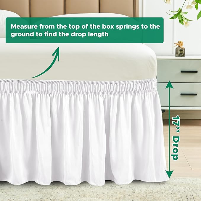 Biscaynebay Wrap Around Bed Skirts for Twin & Twin XL Beds 17" Drop, White Adjustable Elastic Dust Ruffles Easy Fit Wrinkle & Fade Resistant Silky Luxurious Fabric Solid Machine Washable