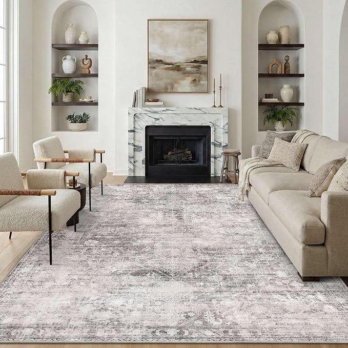 Vintage 8x10 Grey Rug For Living Room, Washable Large Area Rugs for Bedroom by OHWPEAT