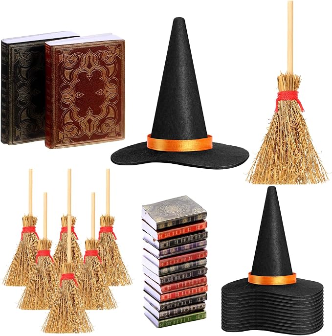 36 Pieces Mini Halloween Decorations 12 Mini Felt Witch Hats 12 Small Brooms 12 - Image 2