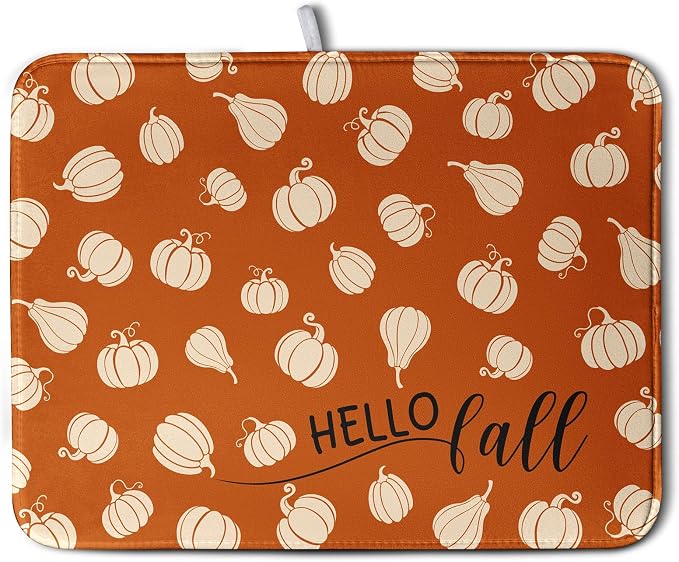 Hello Fall Drying Mat for Kitchen Counter Autumn Orange Pumpkin Dry Dish Mat by Kwlegh