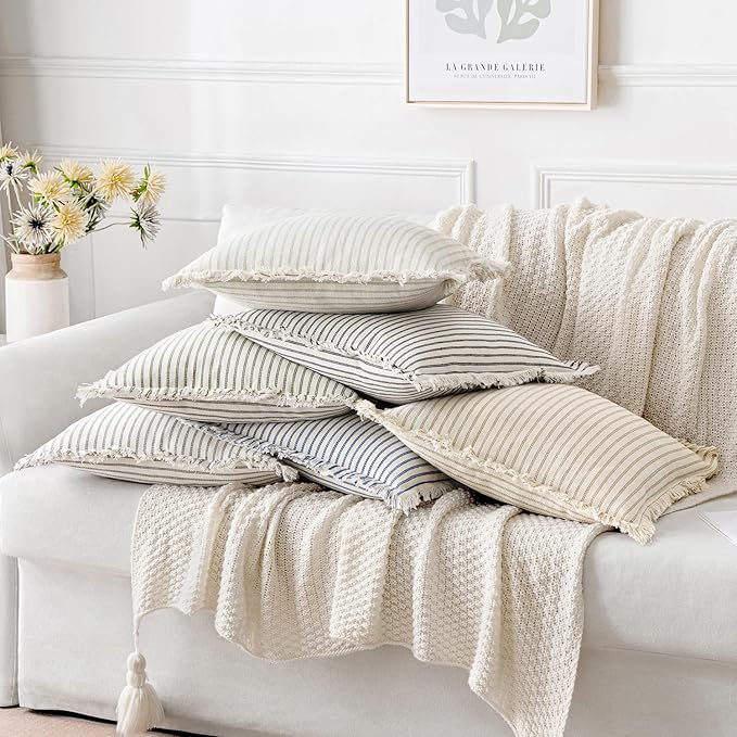 MIULEE Gray Pack of 2 Pillow Covers 18x18 Inch Striped Farmhouse Couch Throw Pillow Covers with Fringe Chic Linen Decorative Cushion Covers for Sofa Living Room Bed Outdoor Home Decor