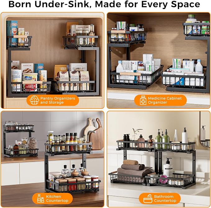 Under Sink Organizer, 2 Pack 2 Tier Under Sink Organizers and Storage, Slide - Image 2