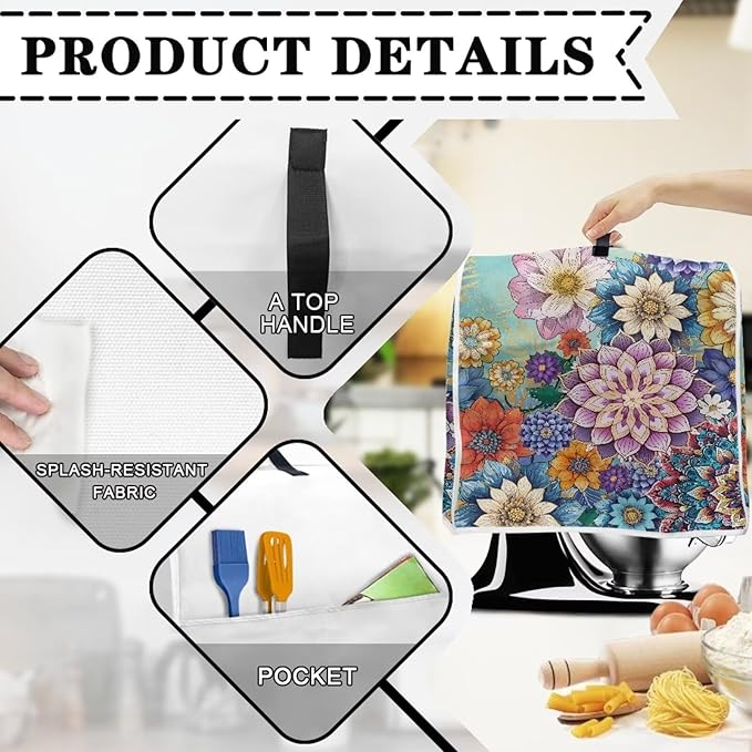 Kitchen Stand Mixer Covers Boho Mandala Flower Mixer Cover Dust Cover Washable Kitchen Appliance Cover for 4.5-5 Quart Mixers, Keep Your Kitchen Clean