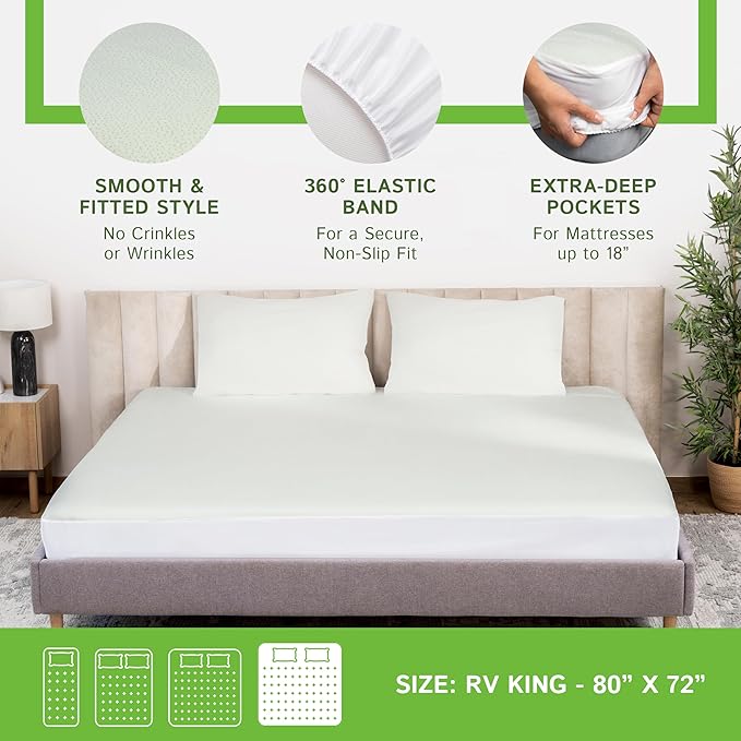 Four Seasons Essentials RV King Size Waterproof Mattress Protector - Cooling Viscose derived from Bamboo Fitted Sheet Mattress Cover - Quilted Jacquard Pad Protects from Dust Allergens