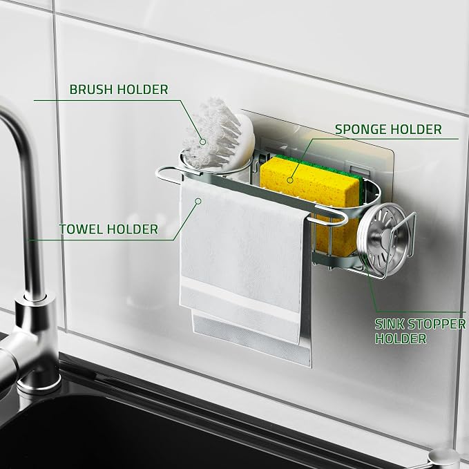 Cisily Sage Green Kitchen Sink Caddy Sponge Holder in the Sink, Stainless Steel - Image 5