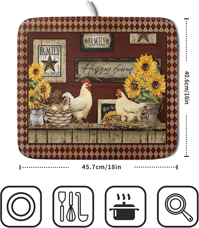 Vintage Rooster Dish Drying Mat 16x18 Inch Farmhouse Chicken Dish Drainer Pad - Image 2