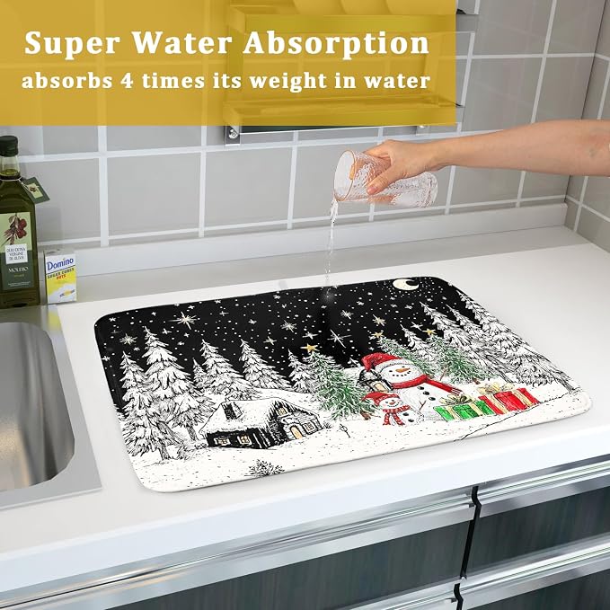 Winter Snowman Dish Drying Mat 24 X 18 in Black Microfiber Dish Pad Absorbent - Image 7