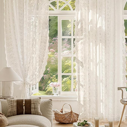 Anmao Vintage Lace Curtains 45 Inches Long 2 Panels Set, Romantic Elegant Light Filtering Semi Sheer Floral Thick Lacy Curtain Drapes for Living Room and Bedroom, Each Panel 55W x 45L, Beige Plum