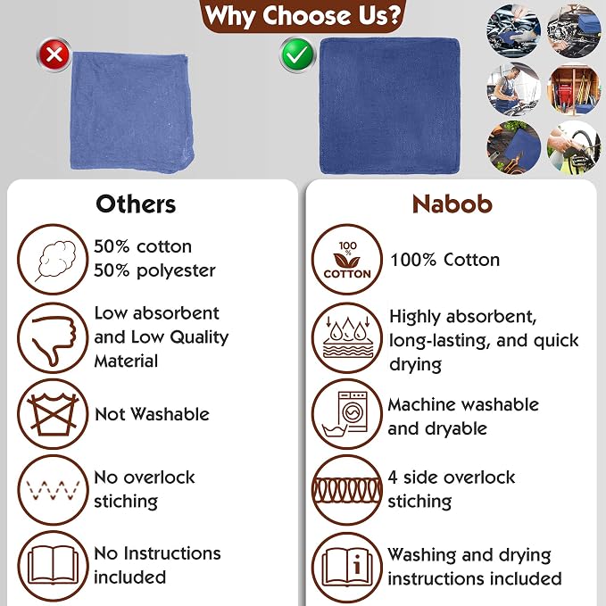 Nabob Wipers Auto Mechanic Shop Towels 25 Pack Bulk Shop Rags 100% Cotton Size - Image 3