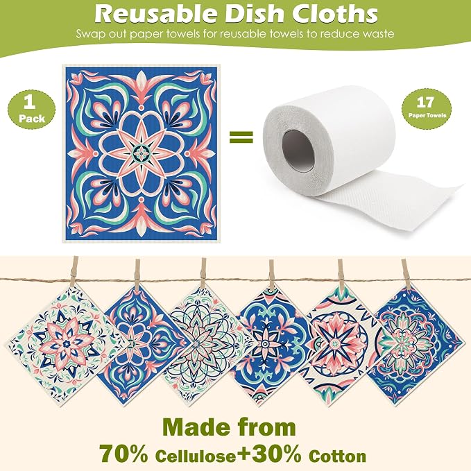 6 Packs Swedish Paper Cloths for Kitchen, Reusable Paper Towels Washable Dish - Image 3