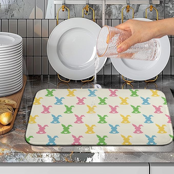 Easter Bunny Dish Drying Mat Colorful Cute Rabbits Kitchen Drying Mat Spring - Image 5