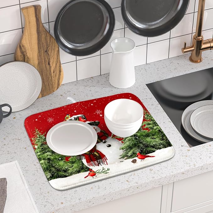 Christmas Dish Drying Mat for Kitchen Counter Snowman Green Christmas Tree - Image 6