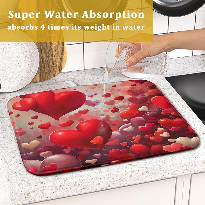 Valentines Day Dish Drying Mat for Kitchen Counter 18x16 Inch Red Heart Drying - Image 7