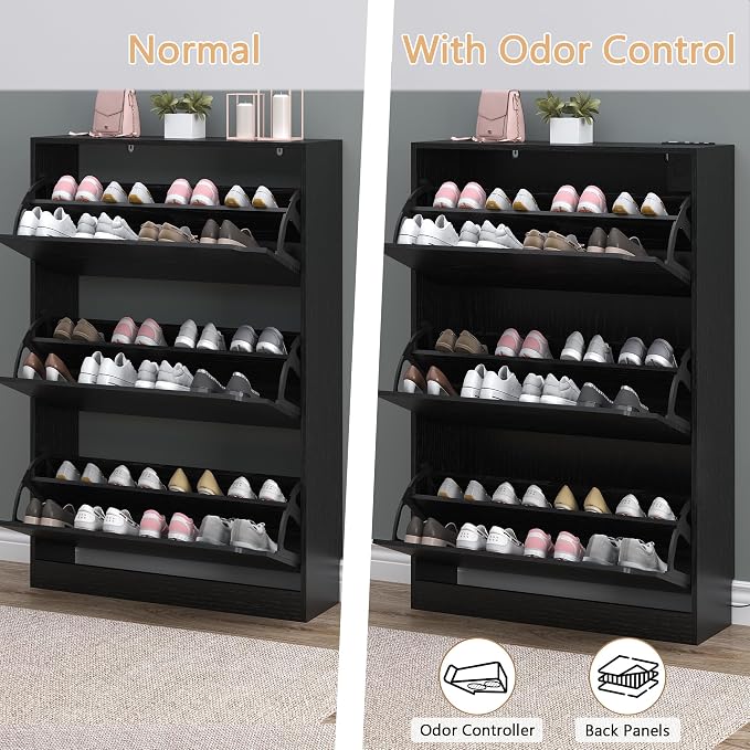 Shoe Cabinet with Odor Control and Back Panels, Deodorizing Slim 3-Flip Shoe - Image 5