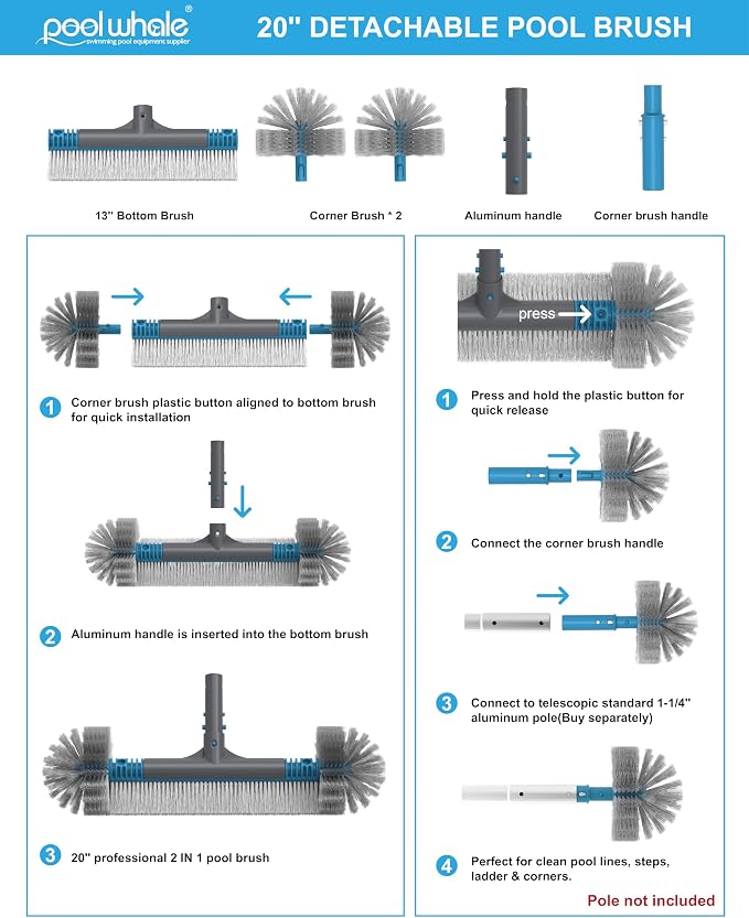 20'' Pool Brush Head, Detachable Pool Cleaning Brush - Image 6