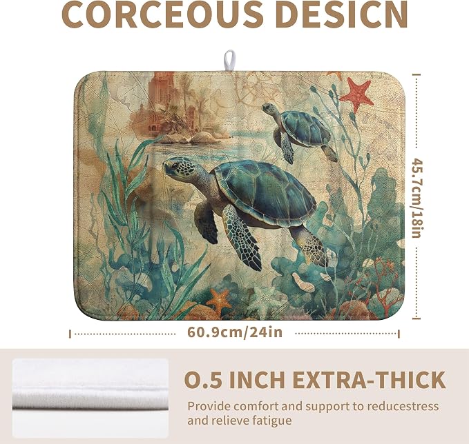 Sea Turtle Dish Drying Mat for Kitchen Counter Vintage Ocean Animal Microfiber - Image 2