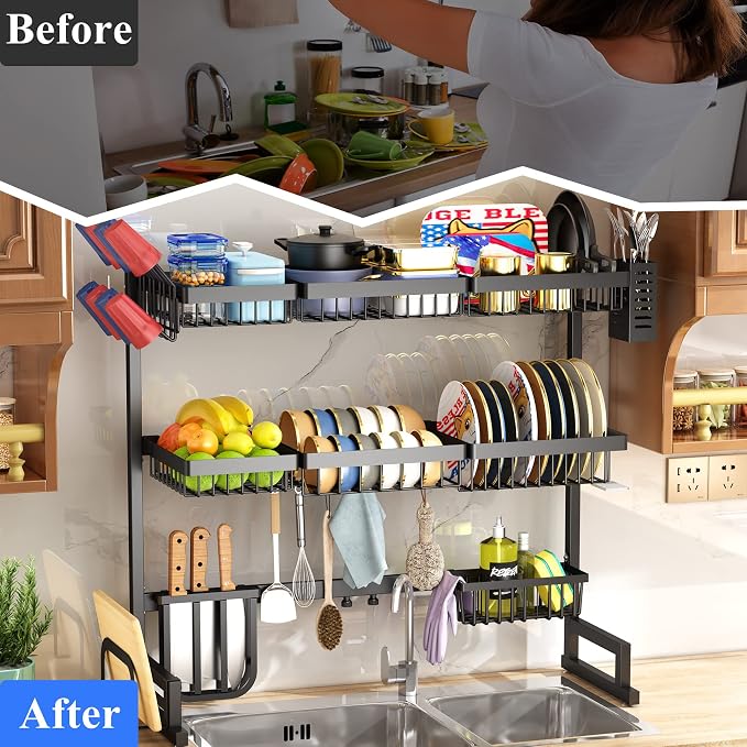 Over The Sink Dish Drying Rack, 3 Tier Adjustable Large Capacity Kitchen - Image 5