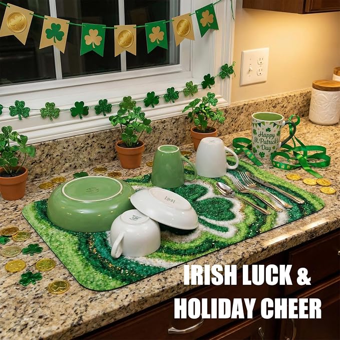 St Patrick’s Day Dish Drying Mat: 12’’x20’’ Green Shamrock Absorbent Counter - Image 7