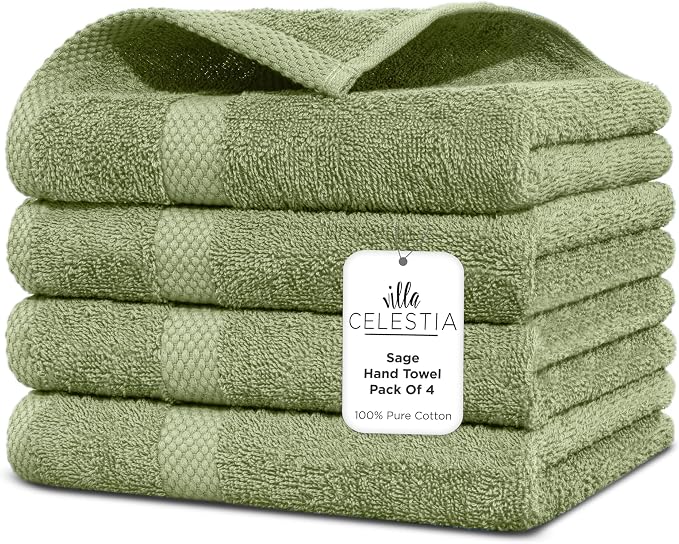 100% Cotton Hand Towel Set of 4, Sustainable, Highly Absorbent, Quick Drying by VillaCelestia
