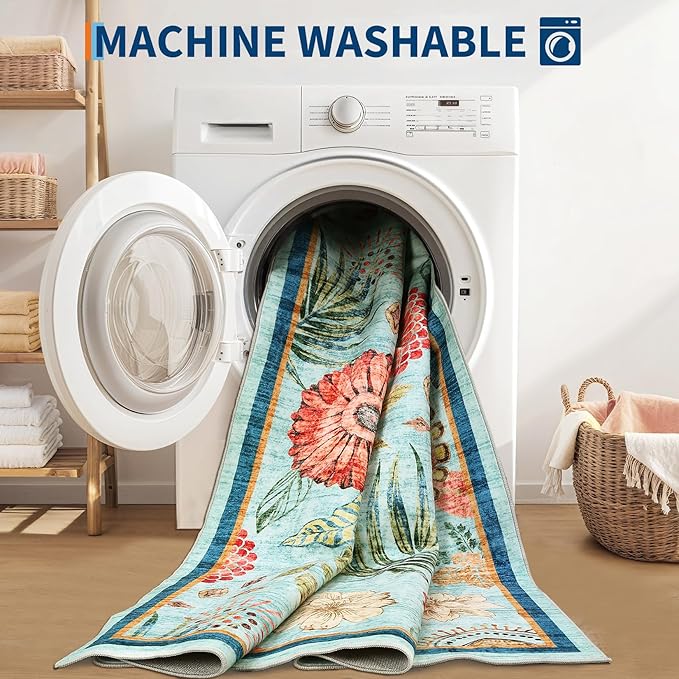 GarveeHome 8x10 Floral Washable Area Rug: Large Living Room Area Rug with Non-Slip Backing Washable Ultra Soft Bedroom Floral Carpet Indoor Stain Resistant Carpet for Dining Room 8 * 10 ft Light Blue
