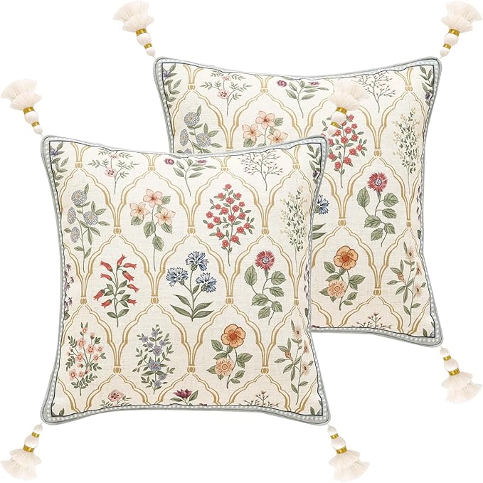 ISAENNE Design Linen Throw Pillow Covers 18"x18" Pack of 2, Square Farmhouse Cushion Covers with Yellow Purple Watercolor Wildflower Pattern Decor Pillowcases for Bed,Living Room,Outdoor,Car