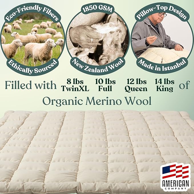Organic Merino Wool Mattress Topper - Luxury Pillow Top Mattress Pad, Handmade, Non-Toxic, Cooling & Hypoallergenic, Natural Back Pain Relief, Sustainable Bedding (Twin XL)