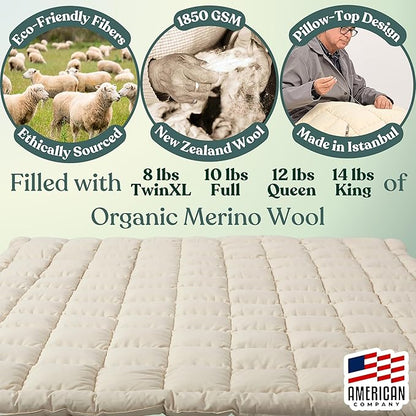 Organic Merino Wool Mattress Topper - Luxury Pillow Top Mattress Pad, Handmade, Non-Toxic, Cooling & Hypoallergenic, Natural Back Pain Relief, Sustainable Bedding (Twin XL)