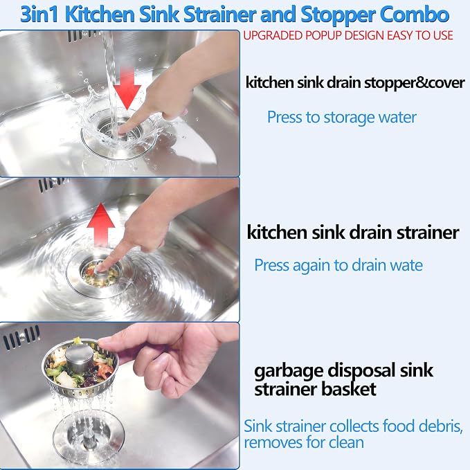 3-in-1 Kitchen Sink Drain Strainer Stopper, Upgraded Stainless Steel Sink Plug - Image 4