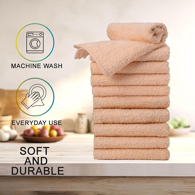 Textila Terry Wash Cloths – Pack of 10, Soft Peach, 12x12 Inches – Soft - Image 3