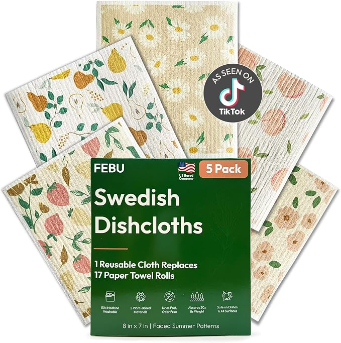 FEBU Swedish Dishcloths for Kitchen | 5 Pack Faded Summer Reusable Paper Towels by FEBU
