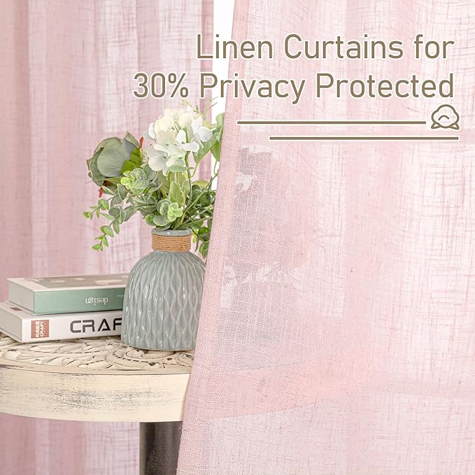 LAMIT Pink Linen Curtains 45 Inch Length 2 Panels, Light Filtering Panels Back Tab and Rod Pocket Country Decor Drapes for Kitchen/Window/Loft Room/Bedroom, 34 x 45 Inch