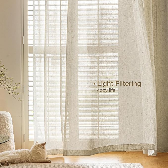 Anmao Flax Linen Curtains for Living Room 108 Inch Length 2 Panels Set, Light Filtering Sheer Window Curtain Drapes for Bedroom with Nickel Grommet, 52 Inch Wide Each Panel, Linen Color