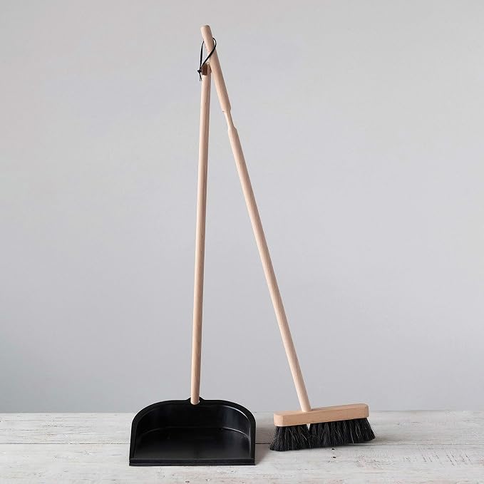 Creative Co-Op Beech Wood Broom & Standing Metal Dust Pan, Natural & Black - Image 2