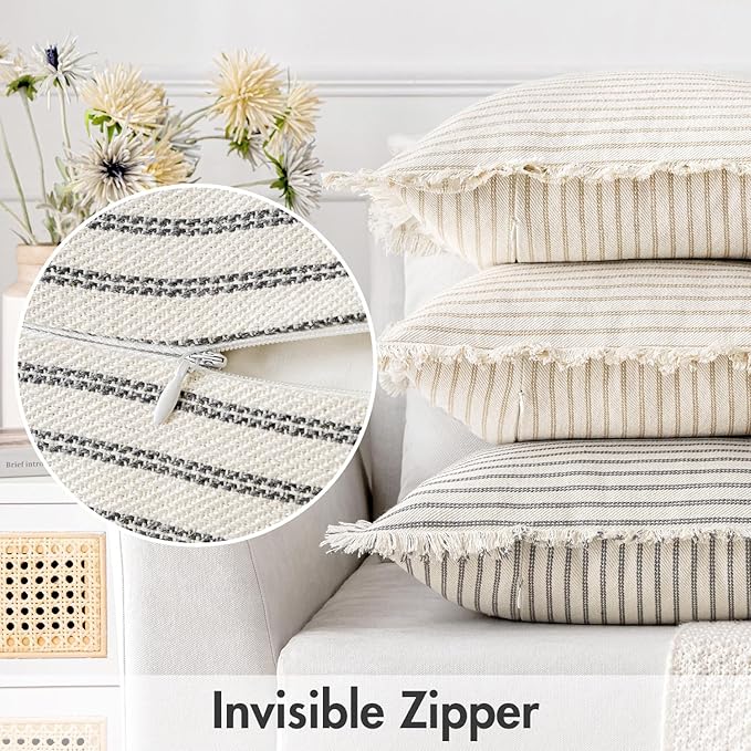 MIULEE Gray Pack of 2 Pillow Covers 18x18 Inch Striped Farmhouse Couch Throw Pillow Covers with Fringe Chic Linen Decorative Cushion Covers for Sofa Living Room Bed Outdoor Home Decor