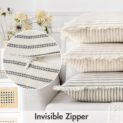 MIULEE Gray Pack of 2 Pillow Covers 18x18 Inch Striped Farmhouse Couch Throw Pillow Covers with Fringe Chic Linen Decorative Cushion Covers for Sofa Living Room Bed Outdoor Home Decor