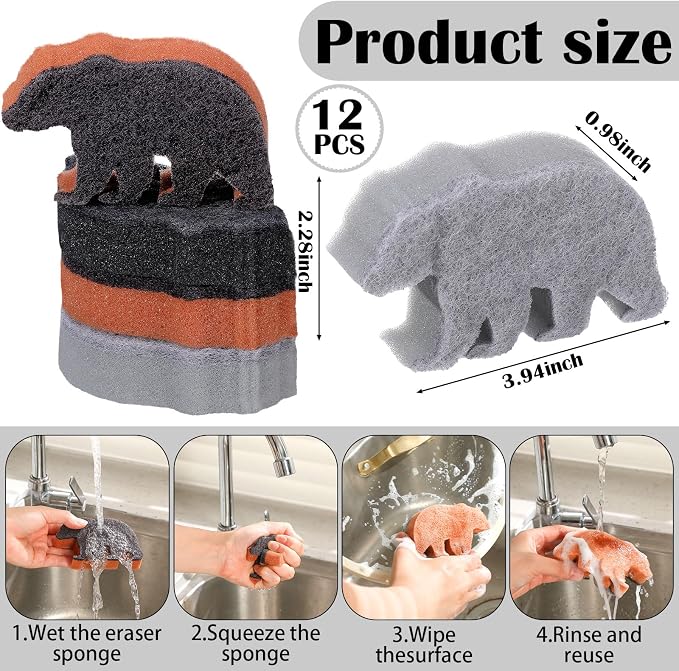 Tioncy 12 Pack Rustic Bear Kitchen Sponges Bulk 4 Colors Cute Dual Sided - Image 3