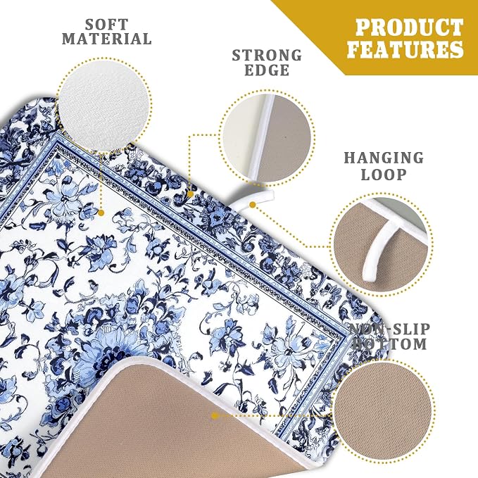 Boho Floral Dish Drying Mat 16x18 Inch Blue Leaves Kitchen Drying Pad - Image 4