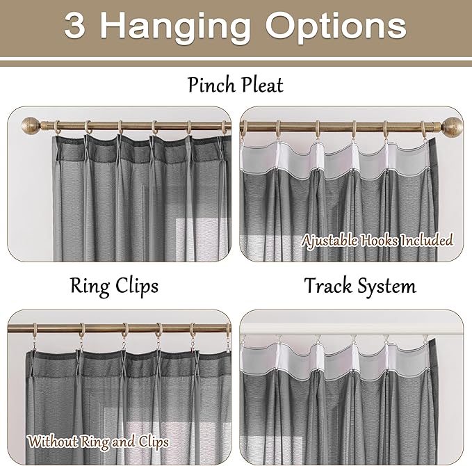 Grey Pinch Pleat Curtains 96 Inches Long Sheer Curtain Panels Light Filter Airy Breathable Tree Branch Textured Pleated Drapes with Adjustable Hooks for Living Room, Grey, 42"W x 96"L, 2 Panels
