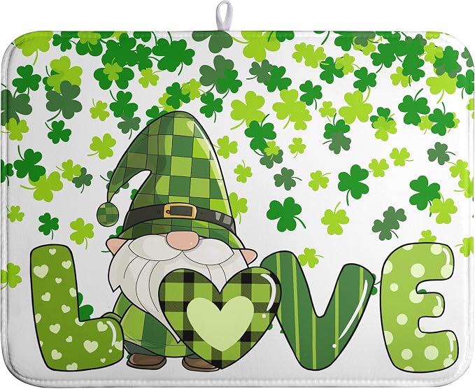 St Patrick's Day Gnomes Dish Drying Mat Shamrock Green Spring Kitchen Dish by farg