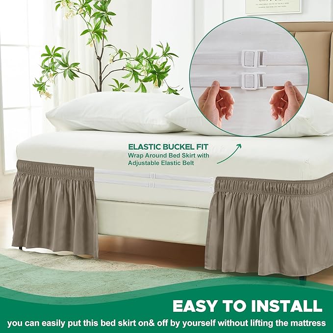 Biscaynebay Wrap Around Bed Skirts for King & Cal King Beds Short Drop of 12", Taupe Adjustable Elastic Dust Ruffles Easy Fit Wrinkle Resistant Silky Luxurious Fabric Machine Washable